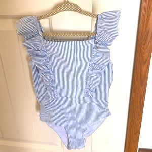 Little girls ribbed blue and white striped H&M swimsuit size 6-8Y